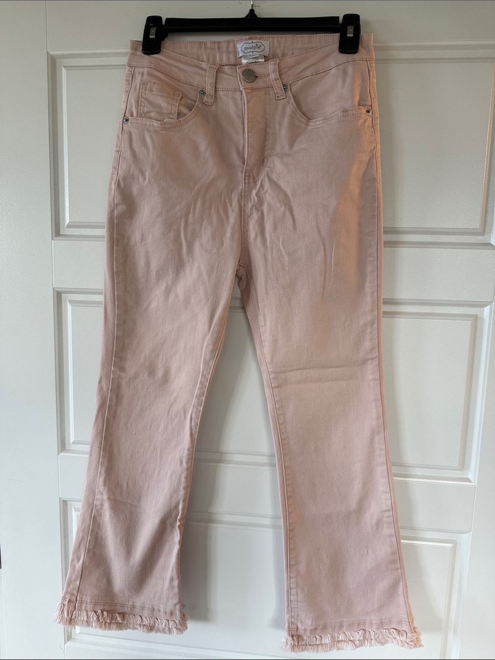Mud Pie Light Pink Flared Crop Jeans with Frayed Hem